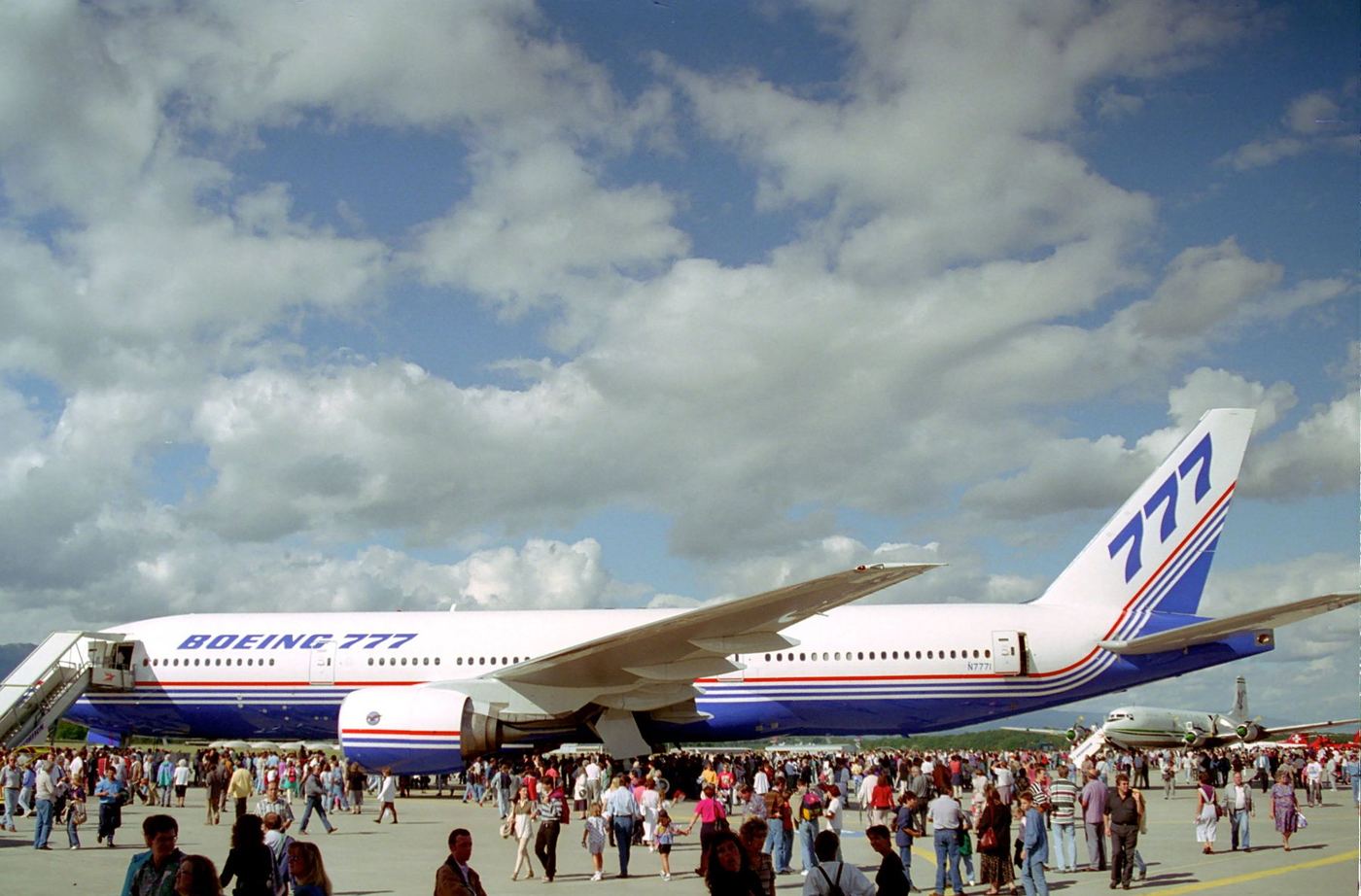 The Boeing 777 prototype on display in Geneva in September 1995. The airliner was designed on CATIA with digit