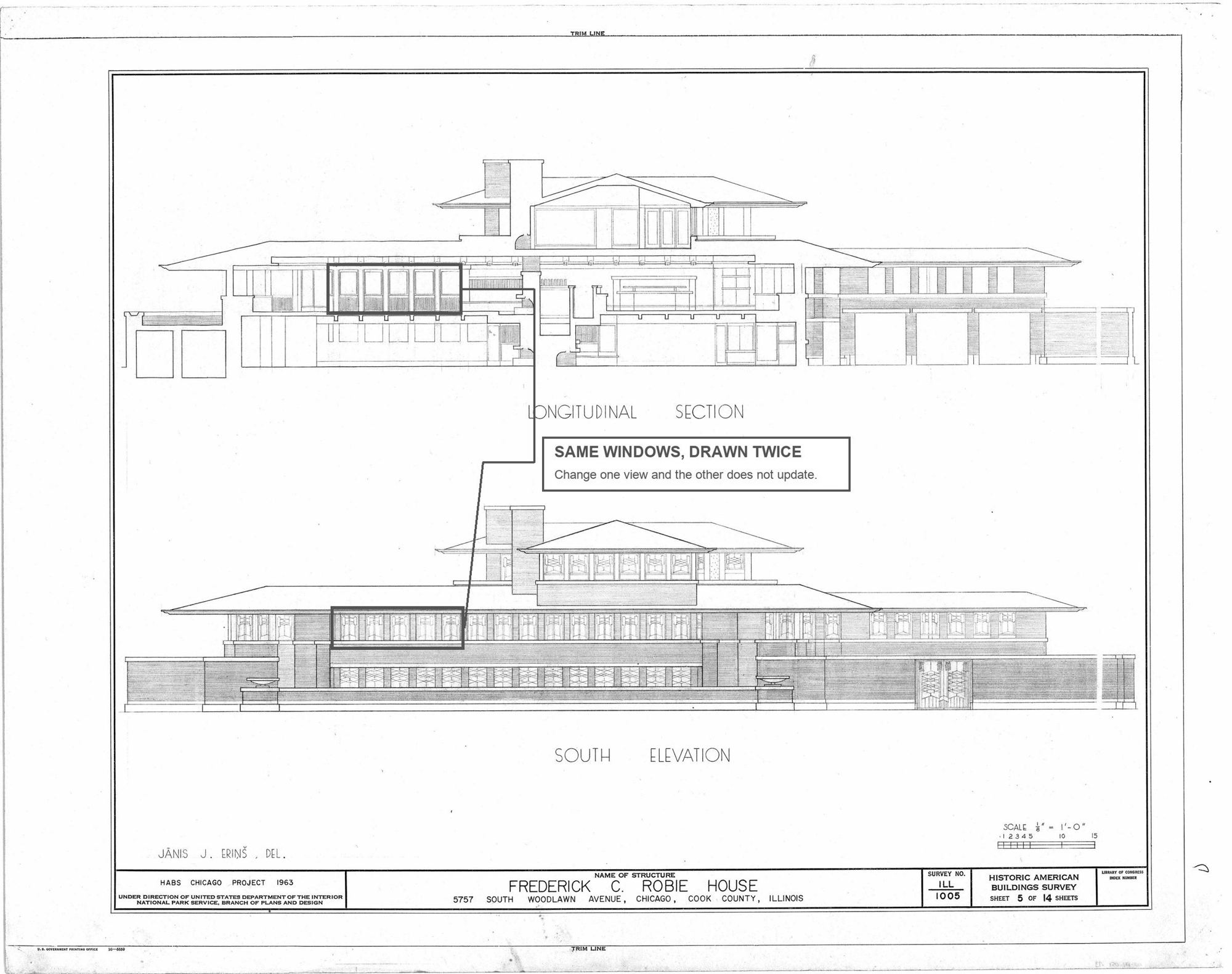 Plate 1. A real drawing set. Longitudinal section and south elevation of Frank Lloyd Wright's Frederick C. Robie House, 
